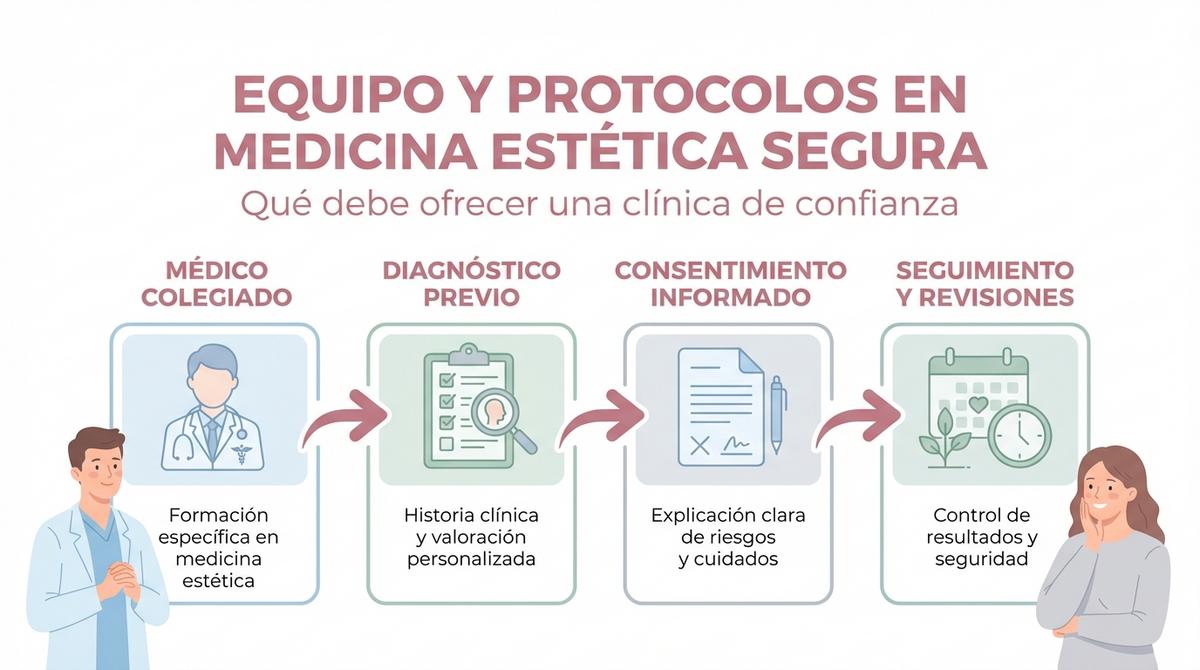 Diagrama de flujo que muestra médico cualificado, diagnóstico previo, consentimiento informado y seguimiento como pasos clave en medicina estética segura.