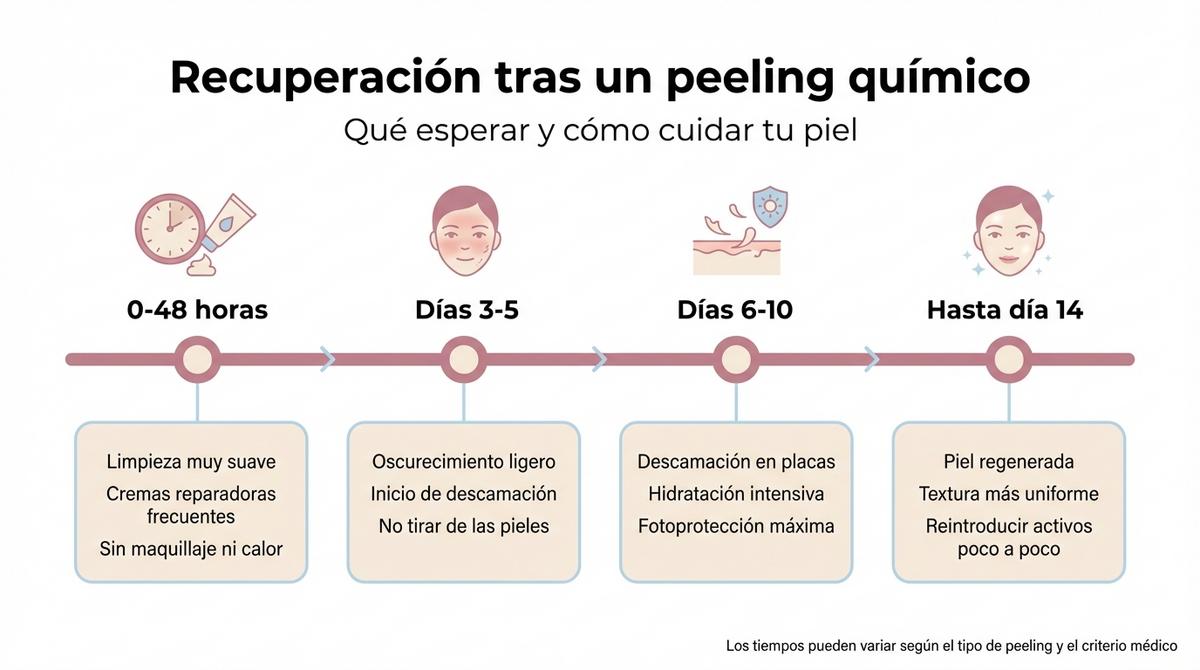 Diagrama en forma de línea de tiempo que muestra las fases de recuperación de la piel después de un peeling químico.
