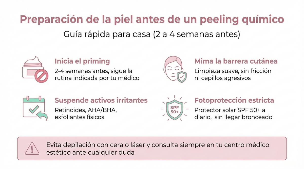 Infografía con checklist visual sobre cómo preparar la piel antes de un peeling químico.