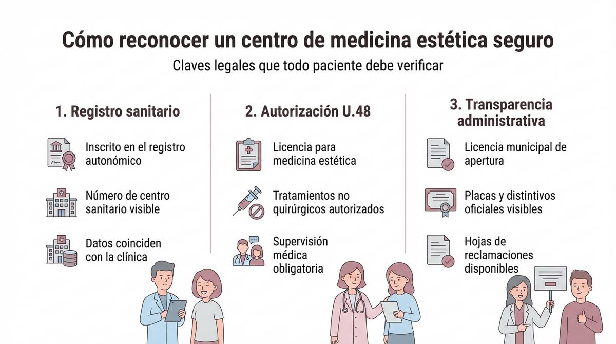 Infografía con tres columnas que resumen los requisitos legales básicos de un centro de medicina estética seguro.