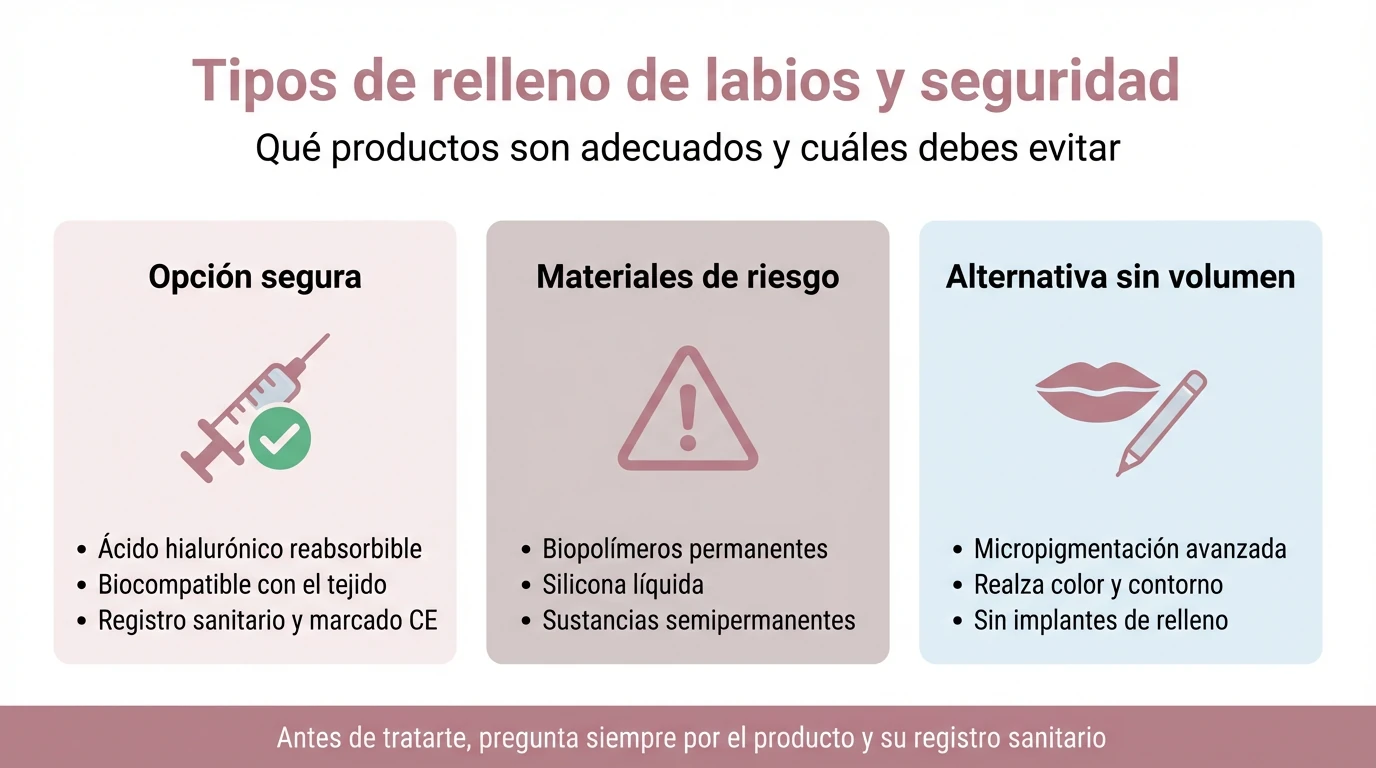 Infografía comparativa sobre tipos de relleno de labios seguros, materiales de riesgo y alternativa de micropigmentación.