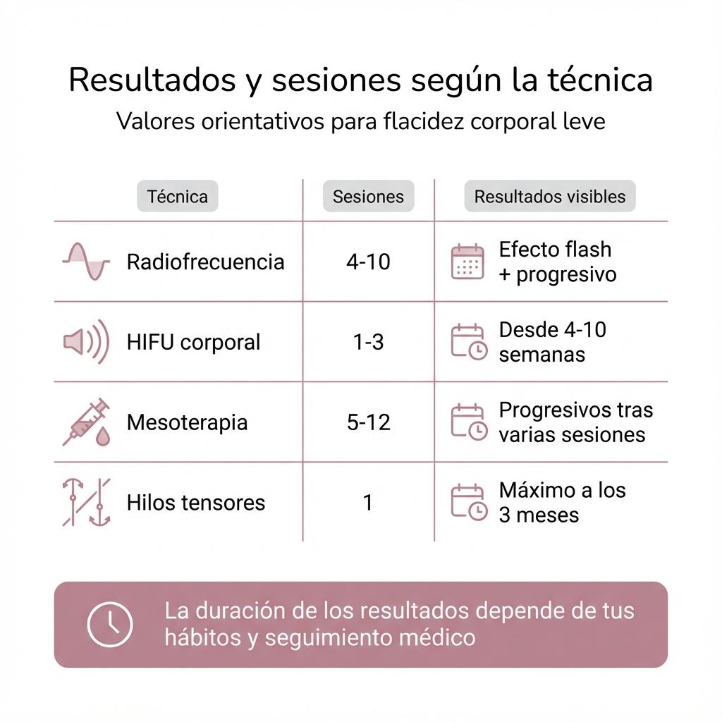 Diagrama que resume diagnóstico médico, protocolo combinado y hábitos de mantenimiento para la firmeza corporal.