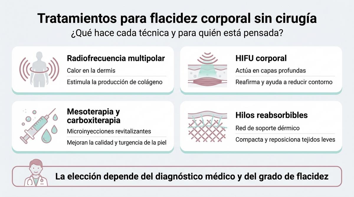 Infografía que compara sesiones y tiempos de resultados de radiofrecuencia, HIFU corporal, mesoterapia e hilos tensores para flacidez leve.