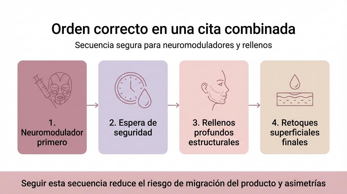 Diagrama con la secuencia de aplicación de neuromoduladores y rellenos dérmicos en una misma sesión estética.