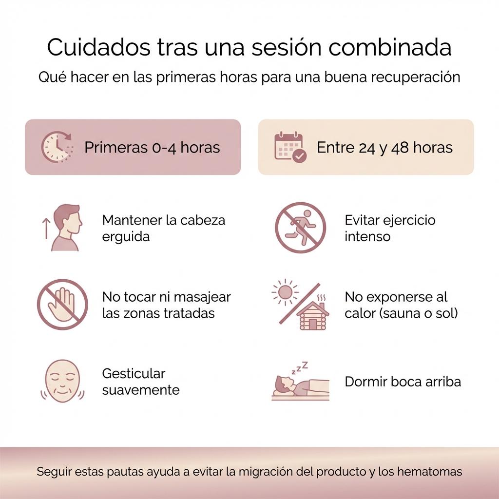 Infografía con los cuidados inmediatos y posteriores recomendados tras una sesión combinada de neuromoduladores y rellenos dérmicos.