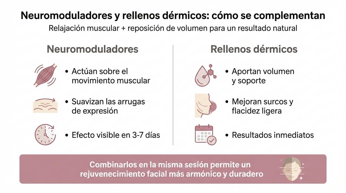 Infografía que explica de forma comparativa la función de los neuromoduladores y de los rellenos dérmicos en el rejuvenecimiento facial.