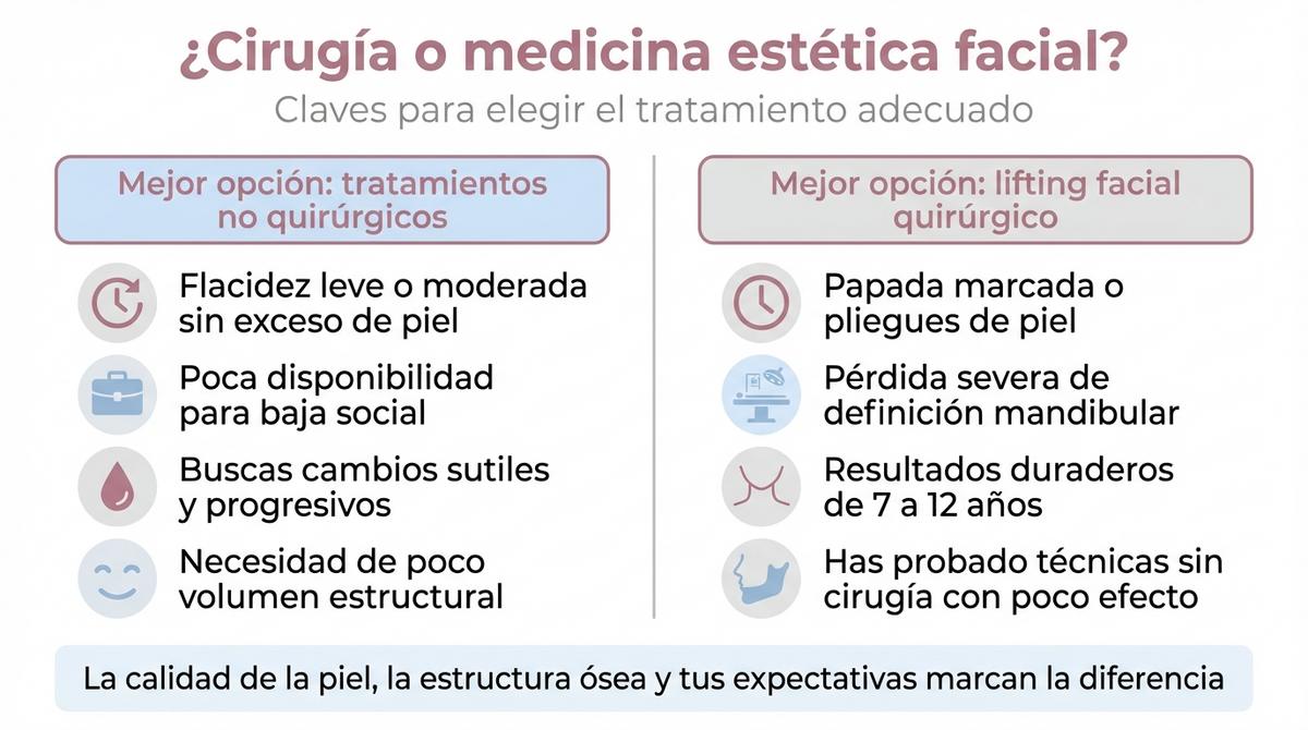 Mujer madura siendo valorada por un médico estético que examina la mandíbula y el cuello en una consulta.