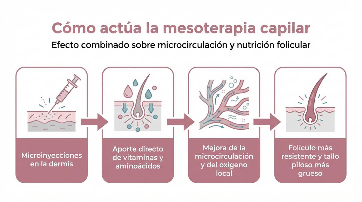Diagrama de flujo que ilustra el mecanismo de acción de la mesoterapia capilar sobre el cuero cabelludo.