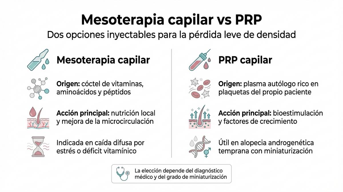 Infografía comparativa entre mesoterapia capilar y PRP para tratar la pérdida leve de densidad del cabello.
