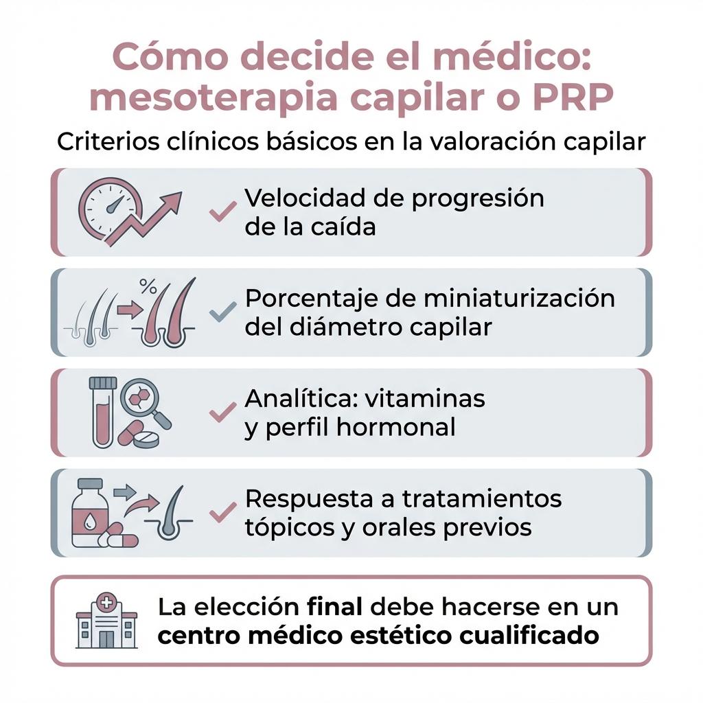 Infografía con lista de criterios clínicos que un médico valora para elegir entre mesoterapia capilar y PRP.