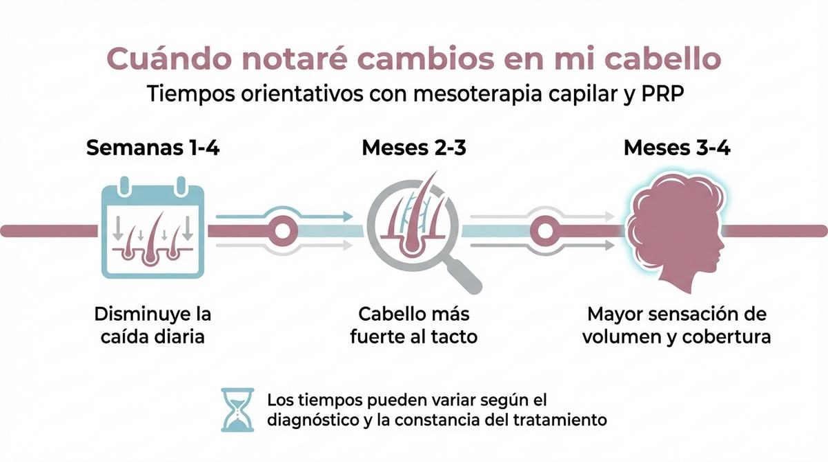 Infografía con una línea de tiempo que indica en qué plazos suelen percibirse los resultados de los tratamientos capilares con mesoterapia y PRP.