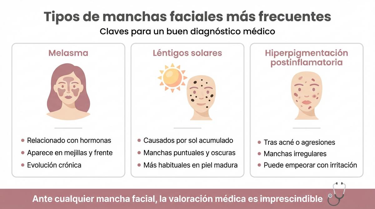 Infografía que compara melasma, léntigos solares e hiperpigmentación postinflamatoria en el rostro.