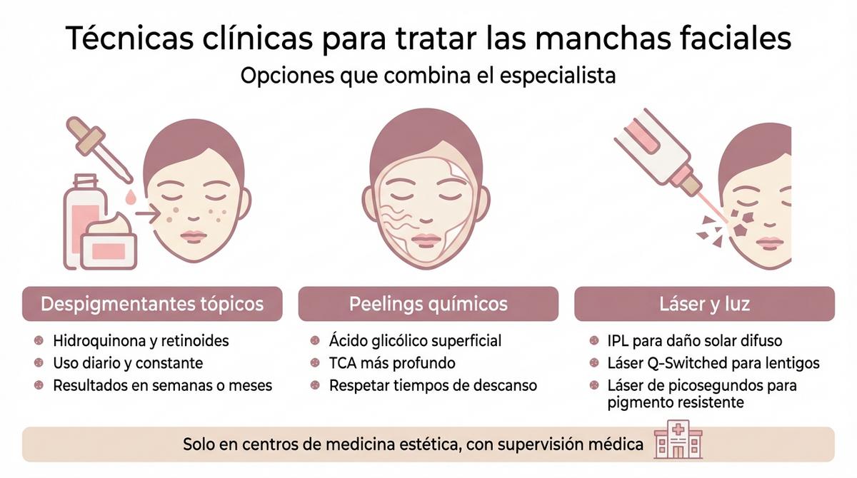 Infografía que resume los principales tratamientos médicos para manchas faciales: tópicos, peelings y láser.