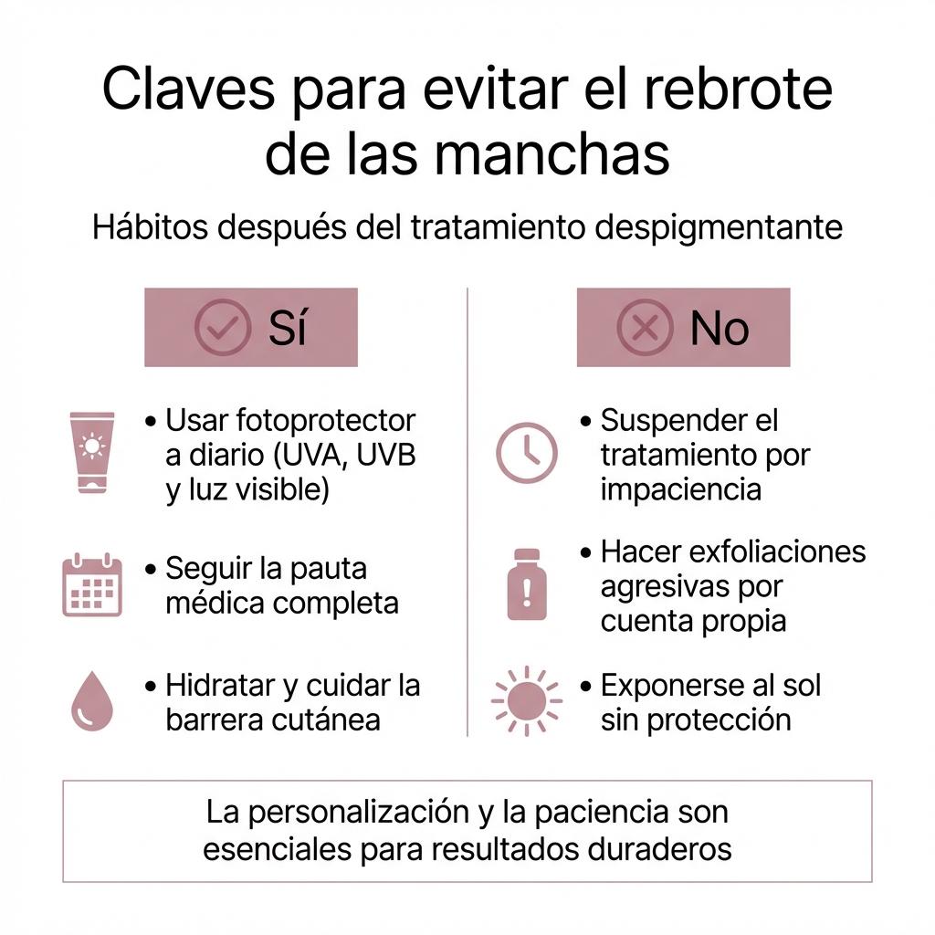 Infografía tipo checklist con hábitos recomendados y errores a evitar tras tratar manchas faciales.