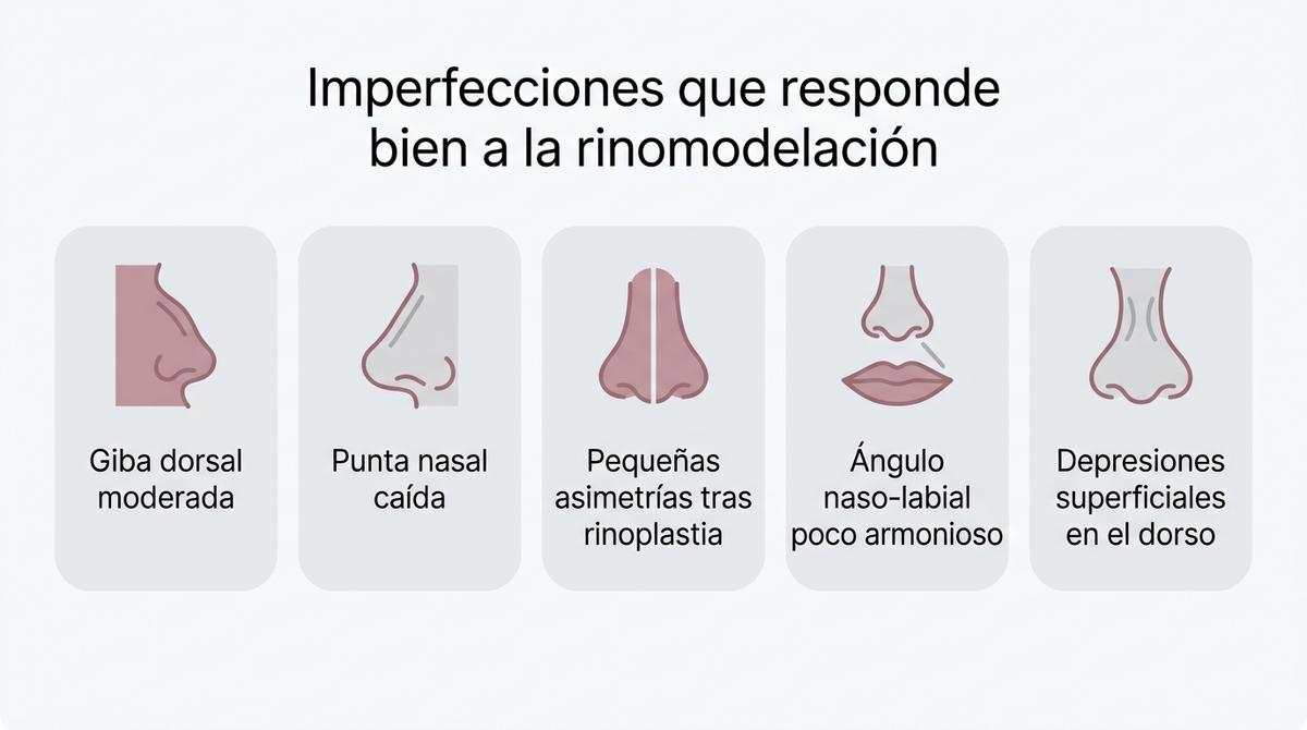 Diagrama con diferentes tipos de imperfecciones nasales que pueden mejorarse con rinomodelación.