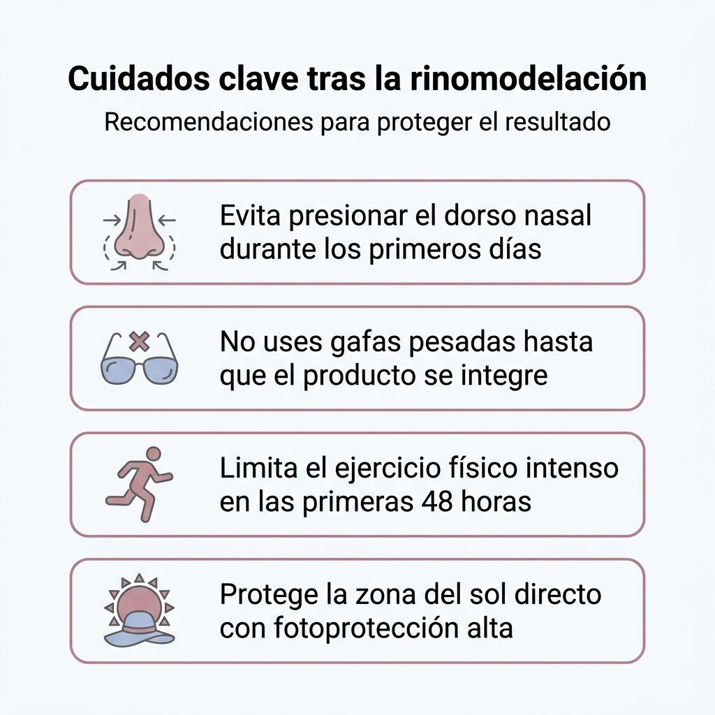 Diagrama en forma de checklist con cuatro recomendaciones de cuidado después de una rinomodelación nasal.