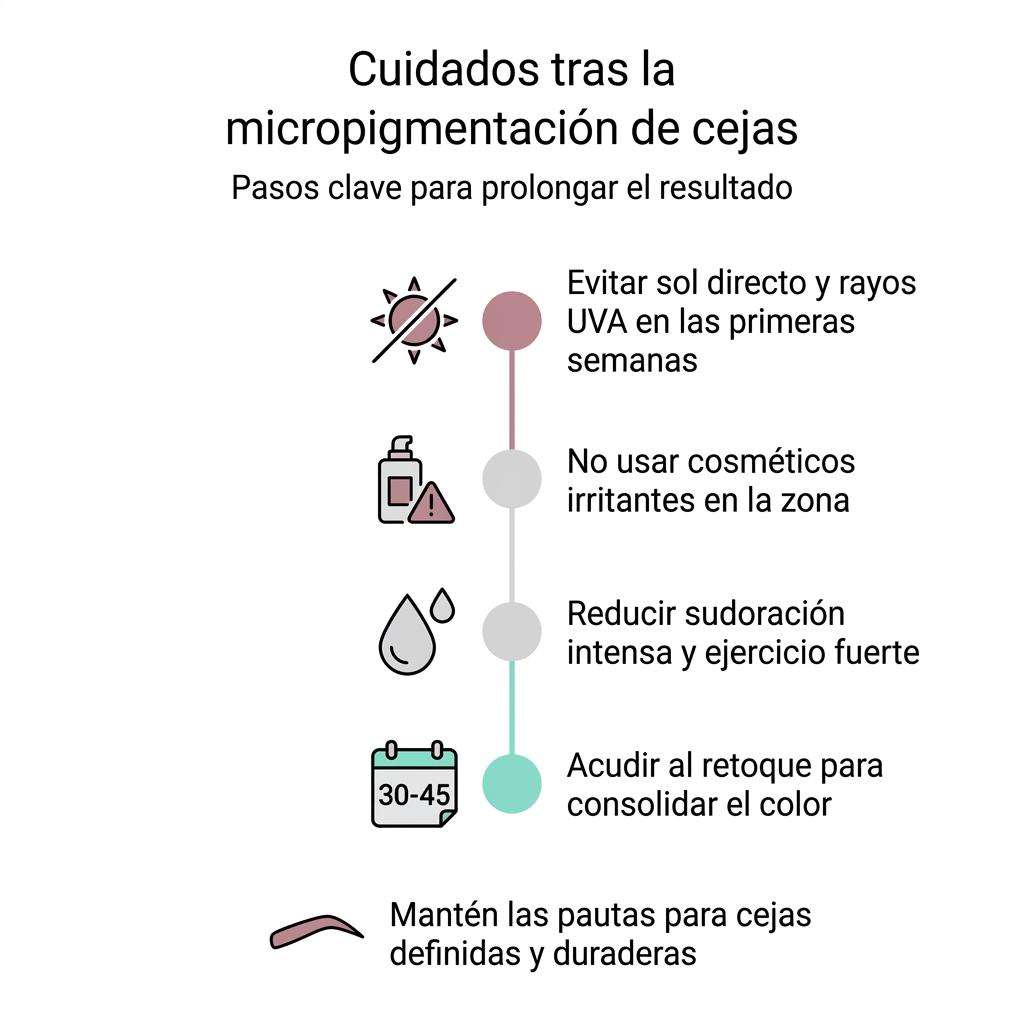 Diagrama en forma de línea de tiempo con los cuidados después de la micropigmentación de cejas