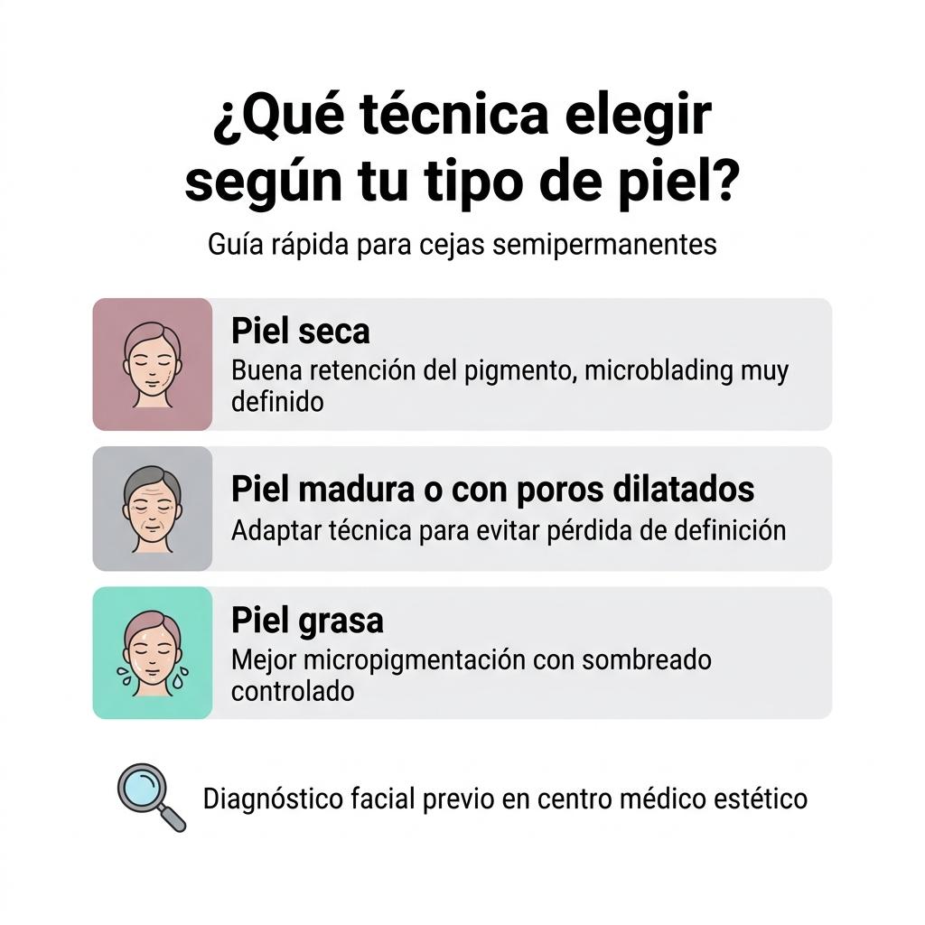 Diagrama que relaciona el tipo de piel con la técnica recomendada de cejas semipermanentes