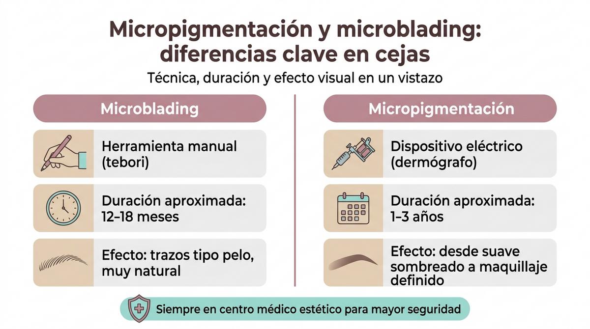Infografía comparativa de las diferencias entre micropigmentación y microblading en cejas