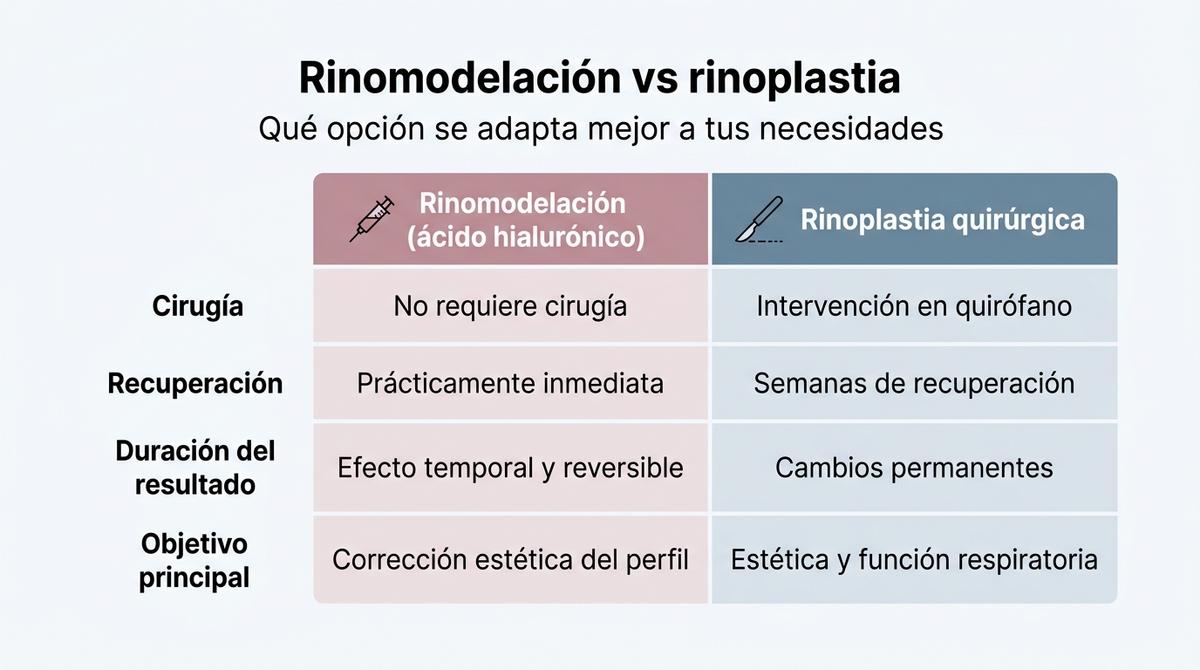 Infografía que compara la rinomodelación con ácido hialurónico y la rinoplastia quirúrgica en varios aspectos clave.