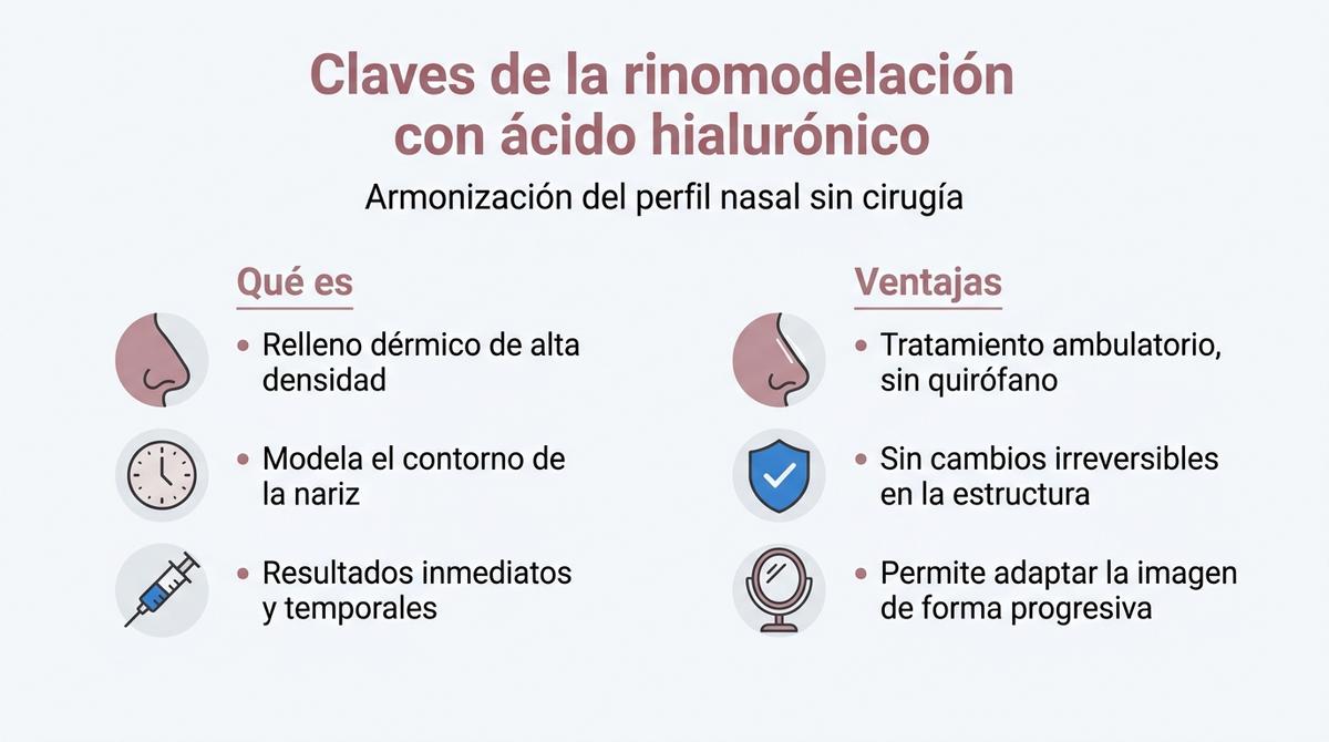 Infografía que resume qué es la rinomodelación con ácido hialurónico y sus principales ventajas.