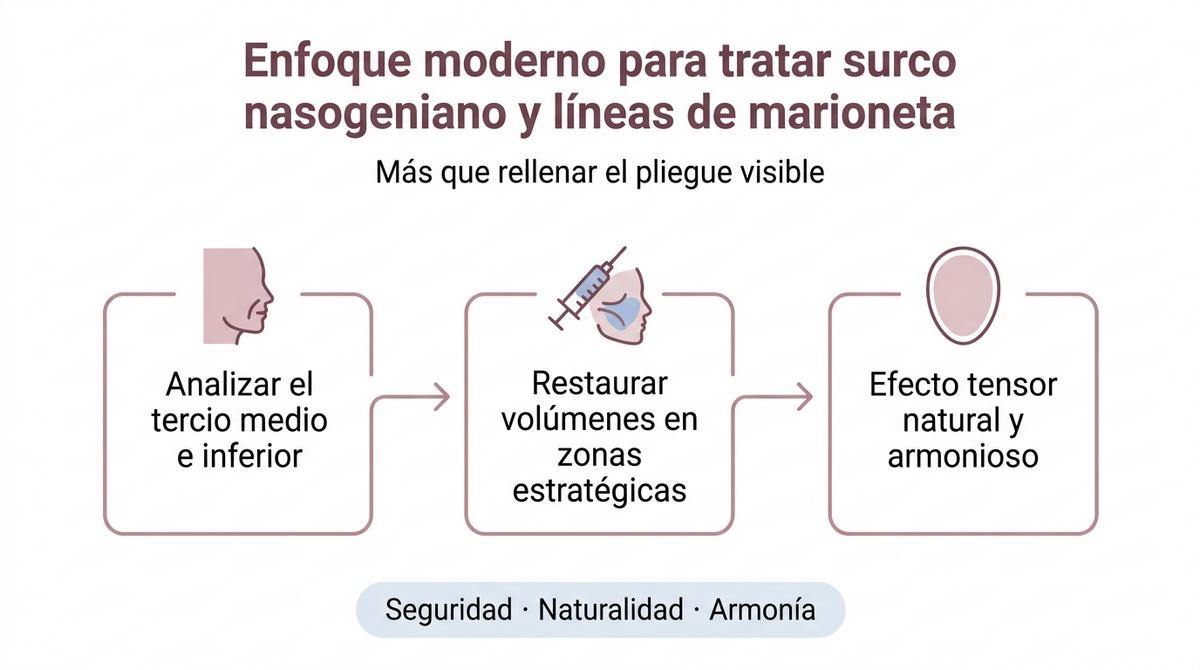 Diagrama que muestra los pasos clave del tratamiento moderno del surco nasogeniano y las líneas de marioneta.