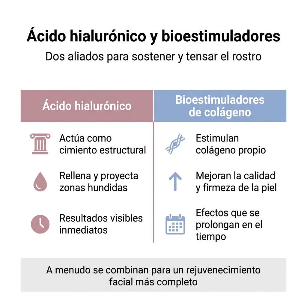 Infografía comparativa entre ácido hialurónico y bioestimuladores de colágeno en tratamientos faciales.