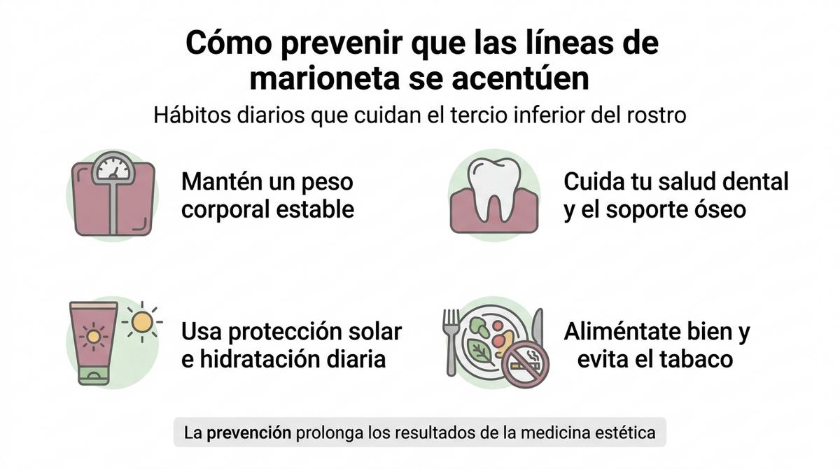 Infografía con recomendaciones de hábitos para prevenir que se marquen las líneas de marioneta.