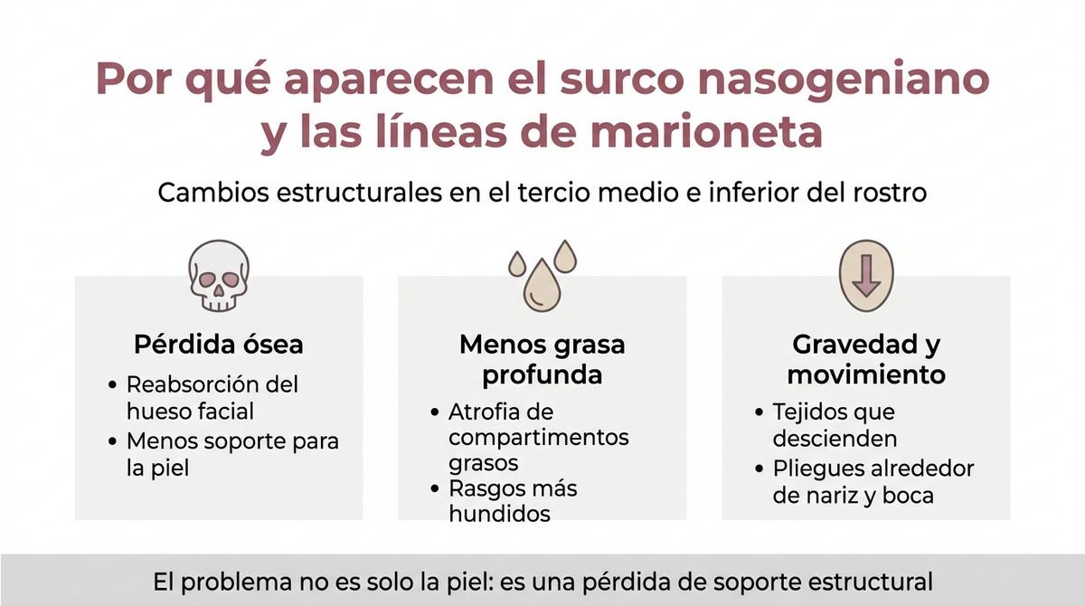 Infografía que resume las causas estructurales del surco nasogeniano y las líneas de marioneta en el rostro.