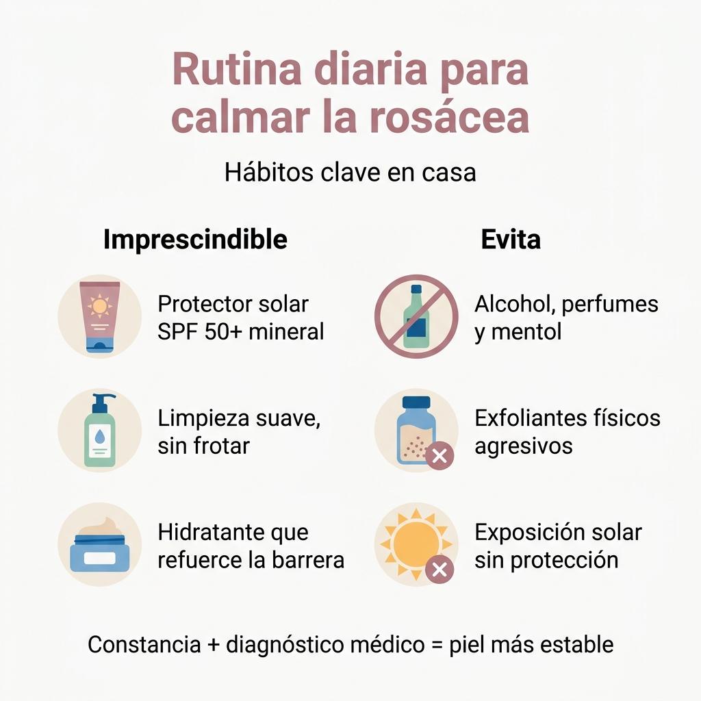 Checklist visual con hábitos diarios recomendados y cosas a evitar en la rosácea facial.
