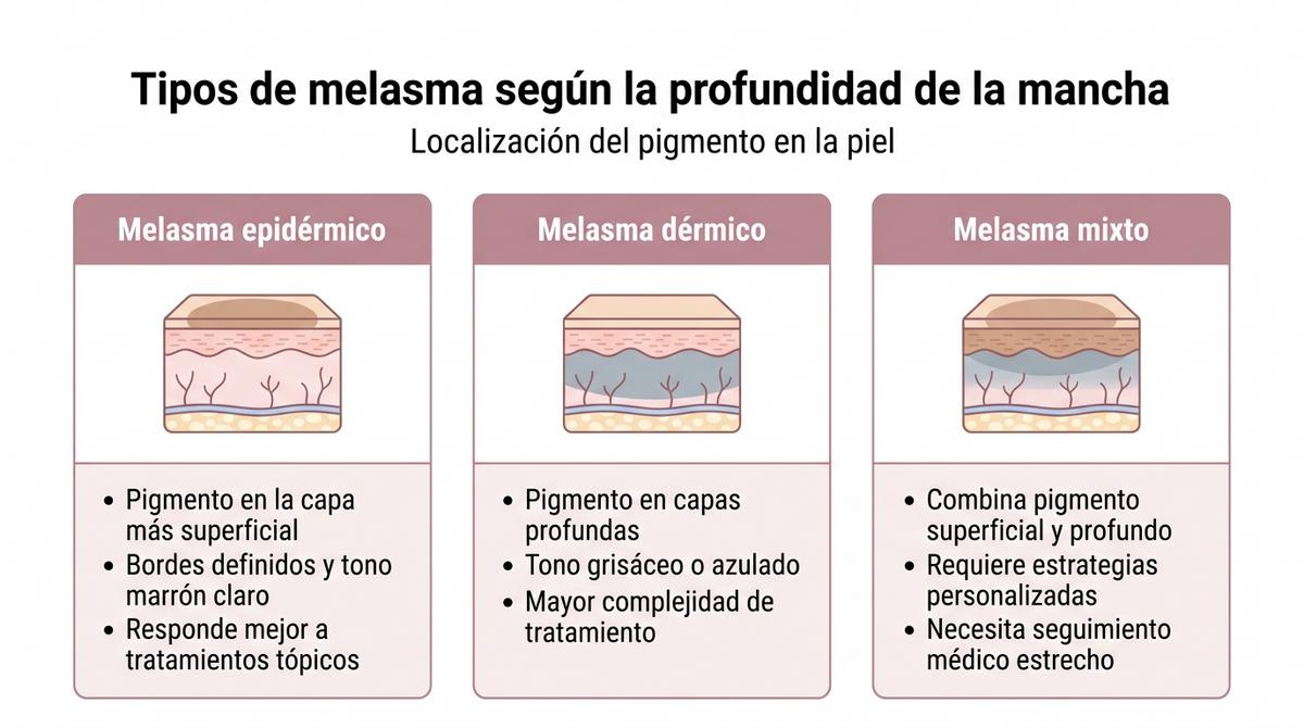 Diagrama comparativo de los tipos de melasma según la profundidad del pigmento en la piel.