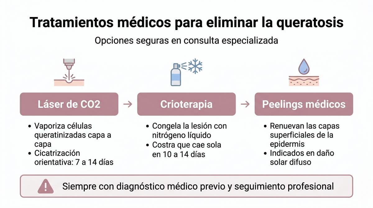 Diagrama con los principales tratamientos médicos para eliminar queratosis: láser de CO2, crioterapia y peelings médicos.