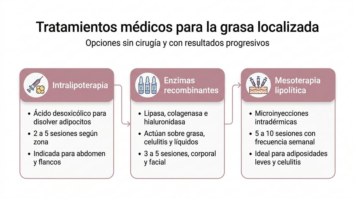Diagrama con tarjetas que resumen intralipoterapia, enzimas recombinantes y mesoterapia lipolítica para grasa localizada.