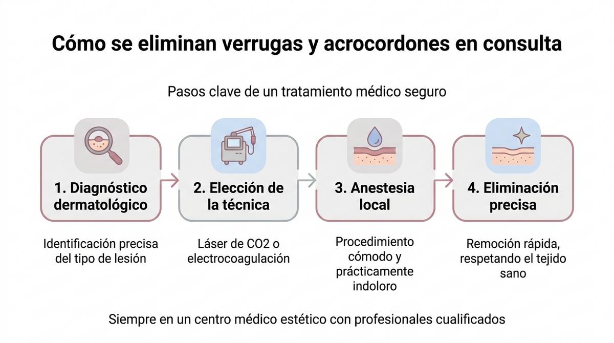 Diagrama de flujo con los pasos principales para eliminar verrugas y acrocordones en una consulta médica estética