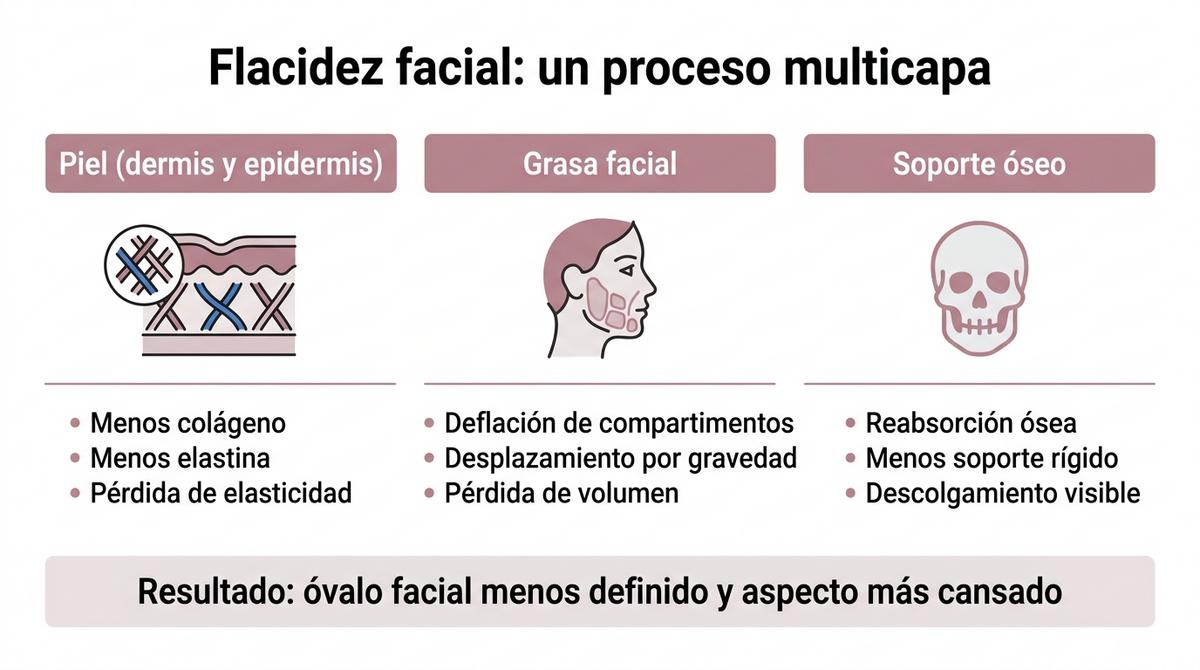Diagrama de las capas implicadas en la flacidez facial: piel, grasa y soporte óseo.