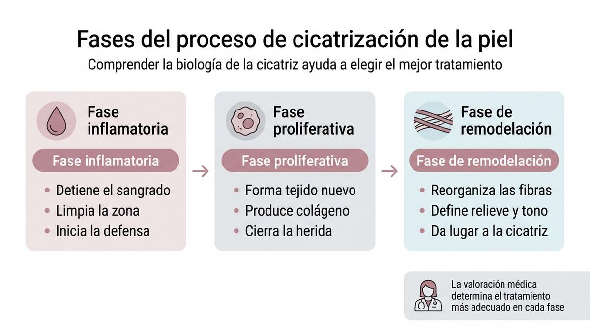 Diagrama de las fases del proceso de cicatrización de la piel con tres bloques explicativos.