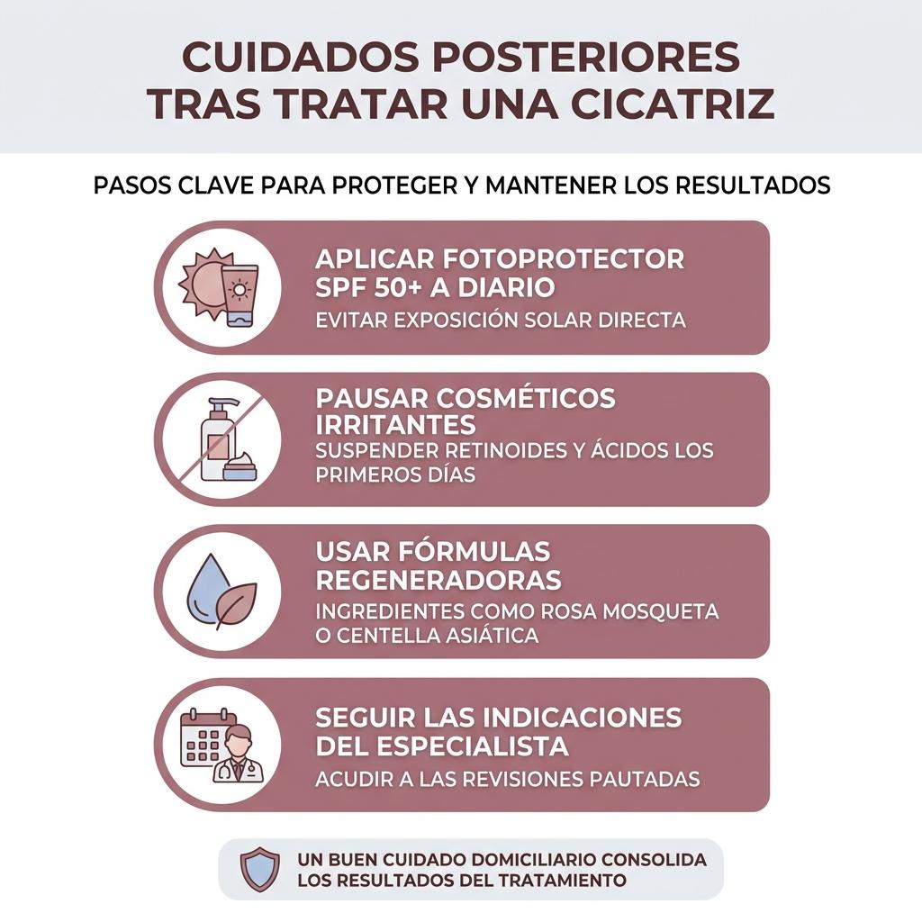 Diagrama en formato checklist con los cuidados posteriores recomendados tras un tratamiento de cicatrices en consulta.