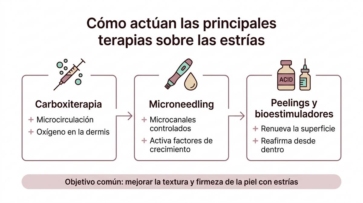 Diagrama que explica cómo actúan la carboxiterapia, el microneedling y los peelings con bioestimuladores sobre las estrías.