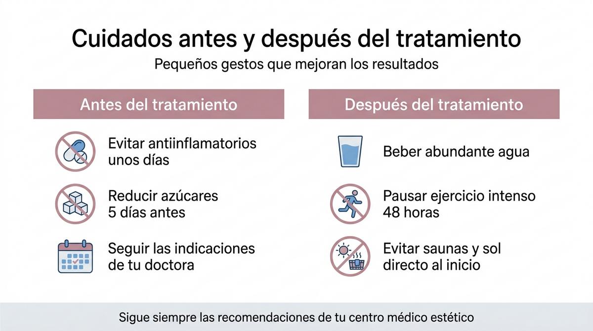 Diagrama tipo checklist con recomendaciones de cuidados antes y después de un tratamiento para grasa localizada.