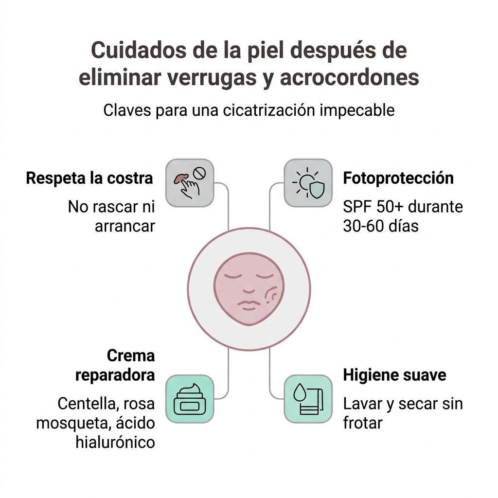 Diagrama tipo mapa mental con los cuidados básicos de la piel tras eliminar verrugas y acrocordones