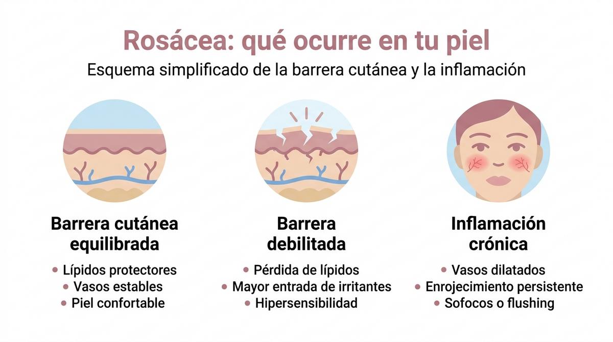 Diagrama vectorial que explica cómo pasa la piel sana a piel con barrera debilitada y rosácea.
