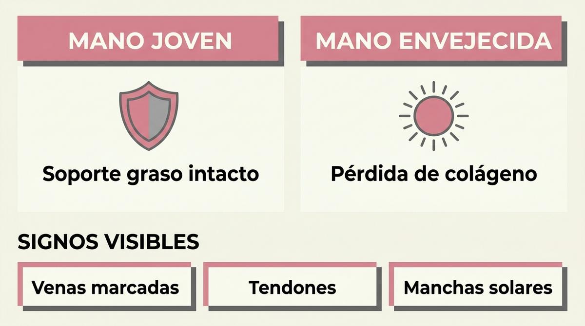Infografía comparativa que muestra las diferencias estructurales entre una mano joven y una mano envejecida, destacando la pérdida de colágeno.