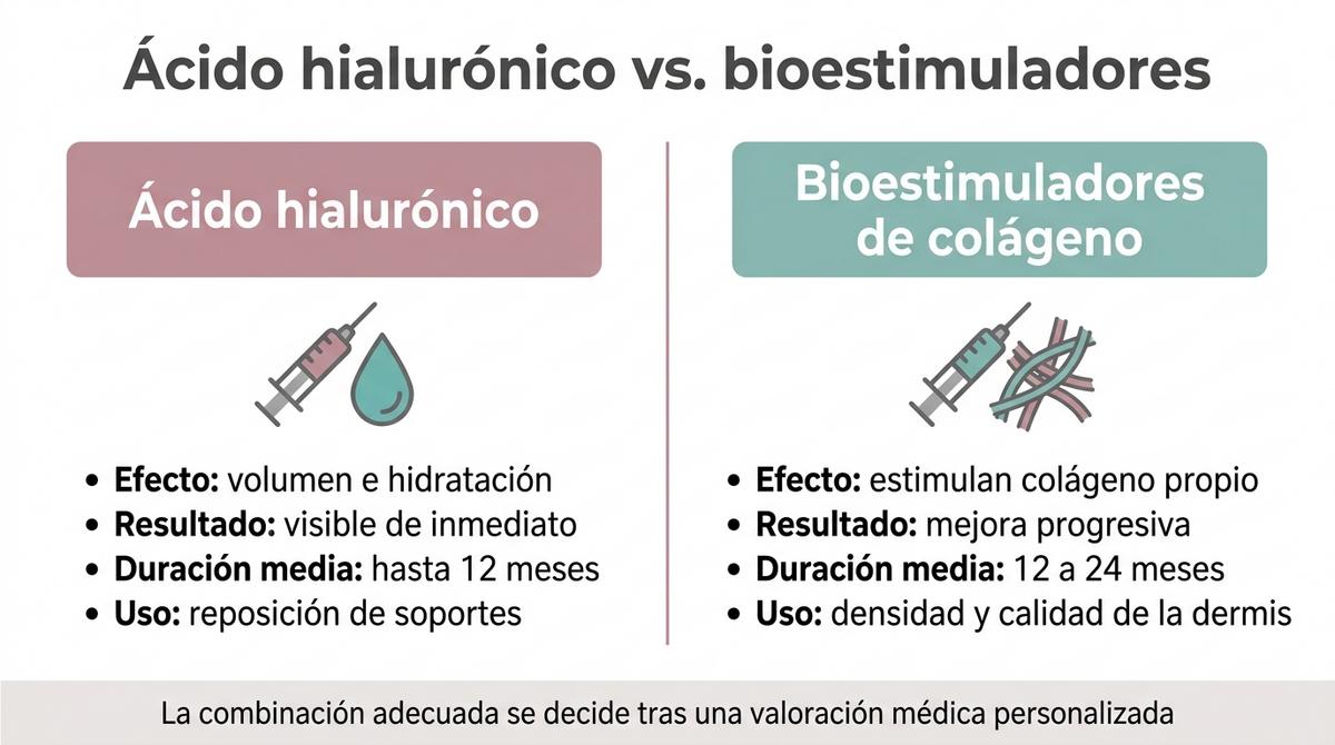 Infografía comparativa entre ácido hialurónico y bioestimuladores de colágeno para la flacidez facial.