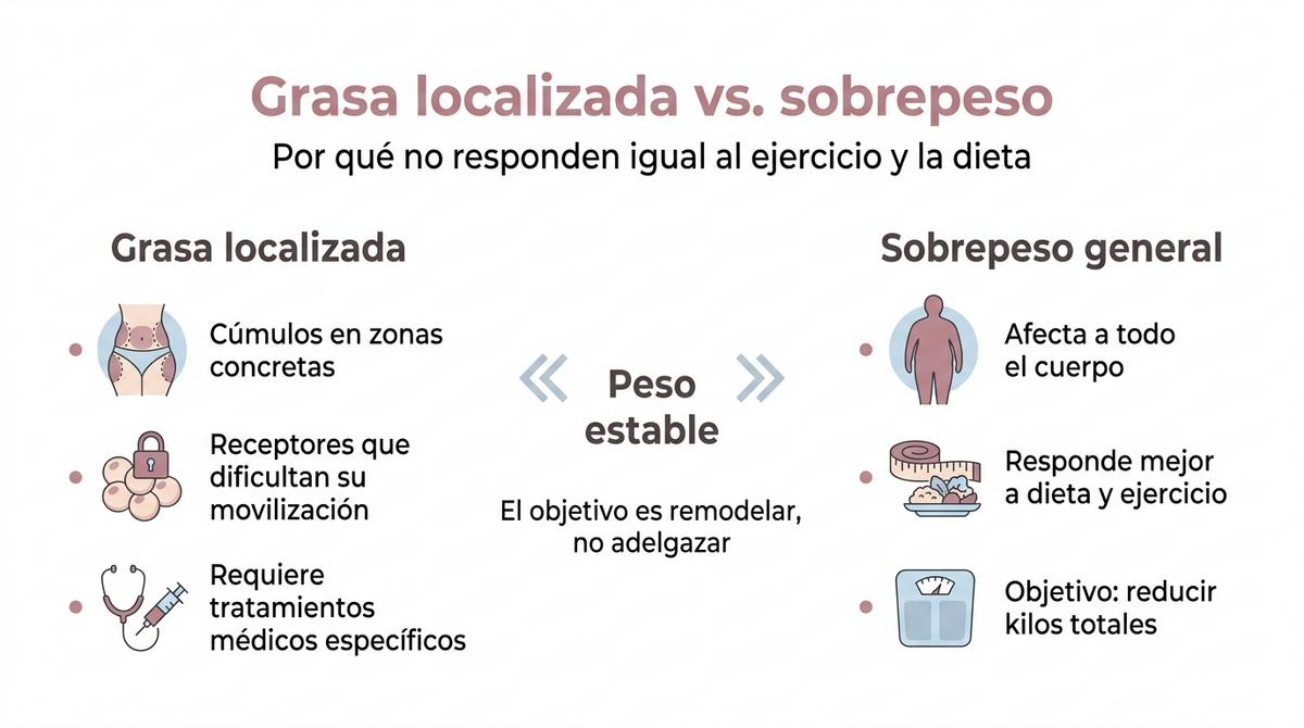 Infografía comparativa entre grasa localizada y sobrepeso general con iconos de siluetas corporales y viñetas explicativas.