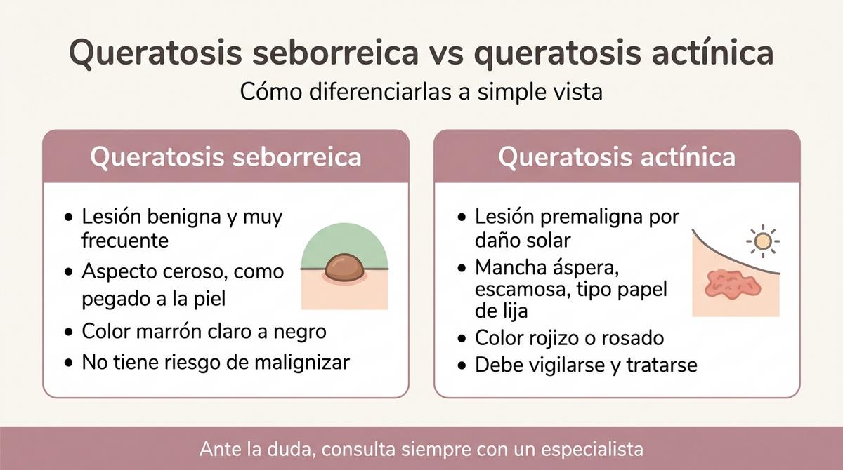 Infografía comparativa entre queratosis seborreica y queratosis actínica con sus principales diferencias clínicas.