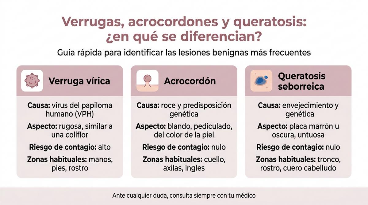 Infografía comparativa que muestra las diferencias básicas entre verrugas víricas, acrocordones y queratosis seborreicas