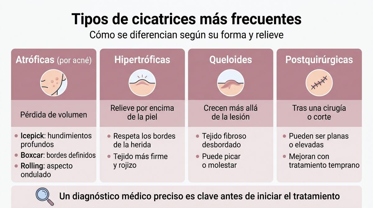 Infografía comparativa que muestra los tipos principales de cicatrices atróficas, hipertróficas, queloides y postquirúrgicas.