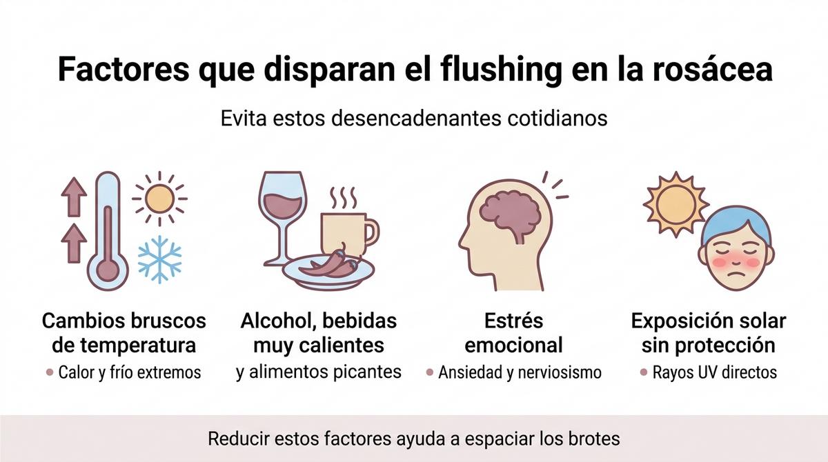 Infografía con iconos que resumen los principales desencadenantes del flushing en la rosácea.