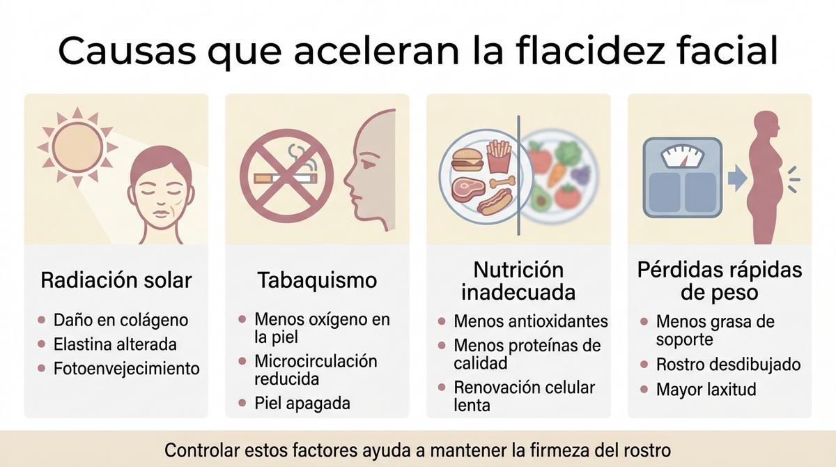 Infografía con las principales causas externas que aceleran la flacidez facial.
