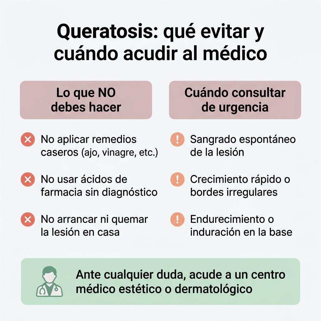 Infografía con recomendaciones sobre qué evitar al tratar la queratosis en casa y signos de alarma para acudir al médico.
